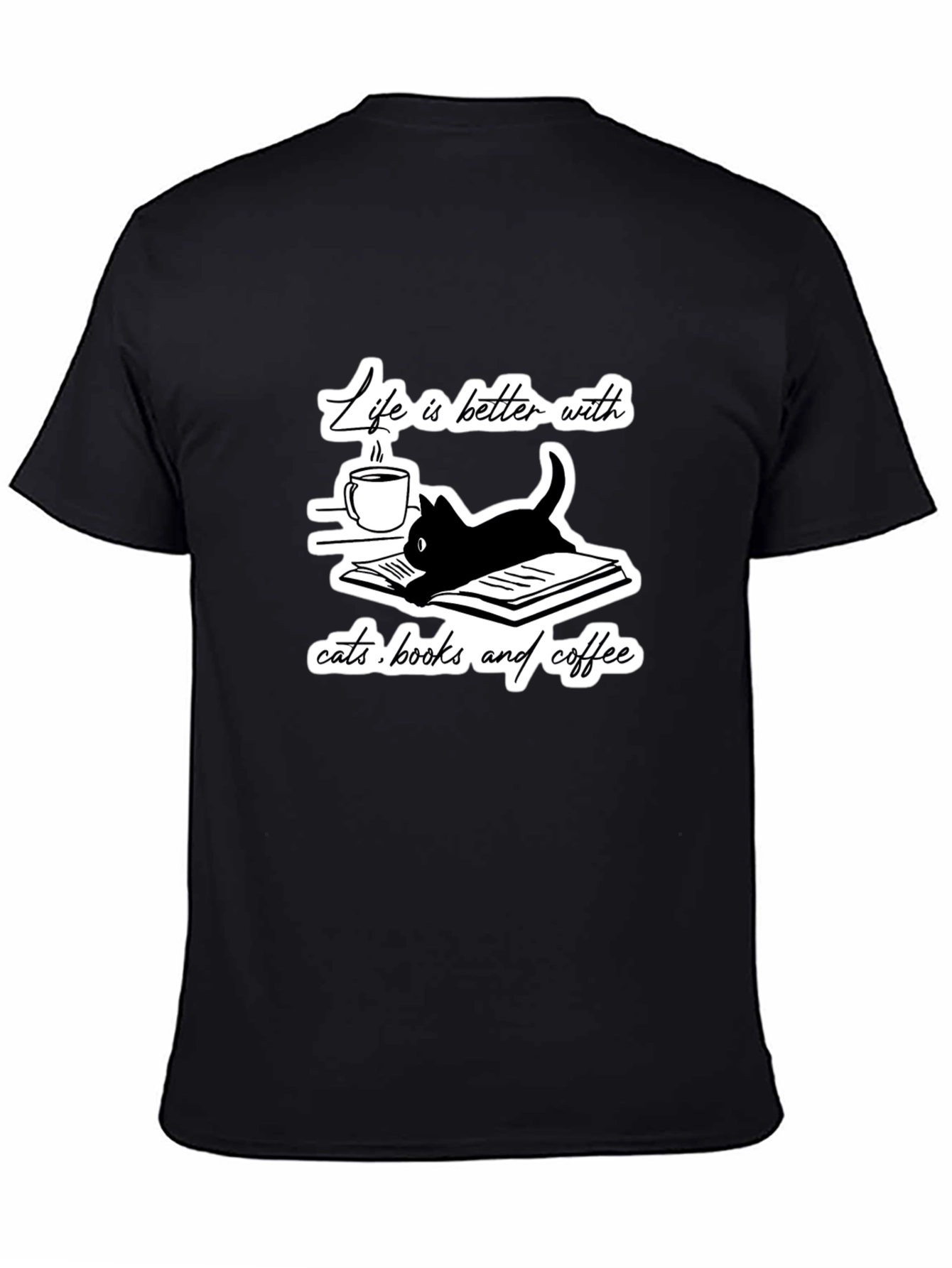 Camiseta Negra Gatos Libros y Café