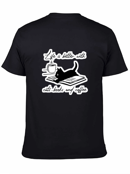 Camiseta Negra Gatos Libros y Café