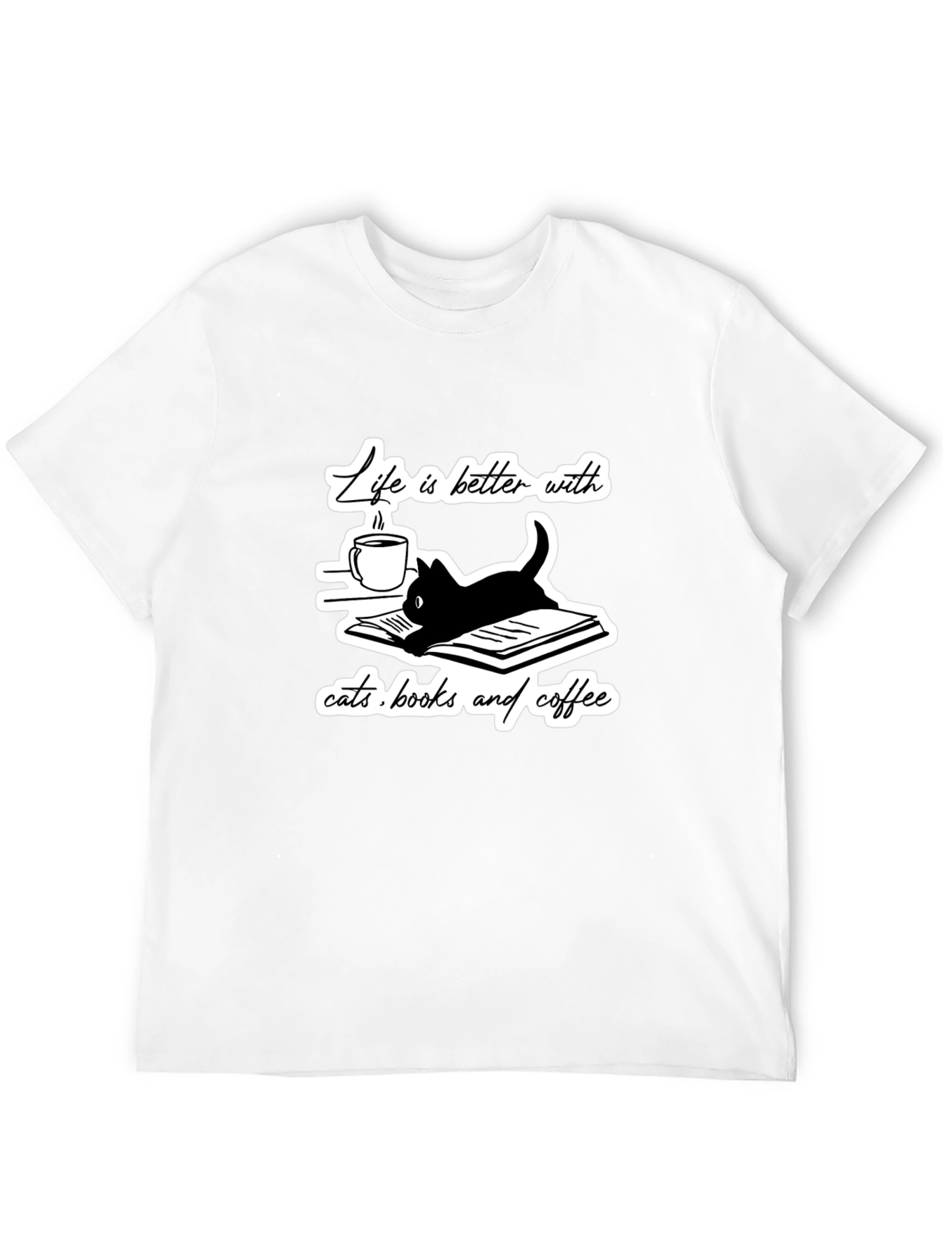 Camiseta Negra Gatos Libros y Café