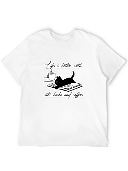 Camiseta Negra Gatos Libros y Café