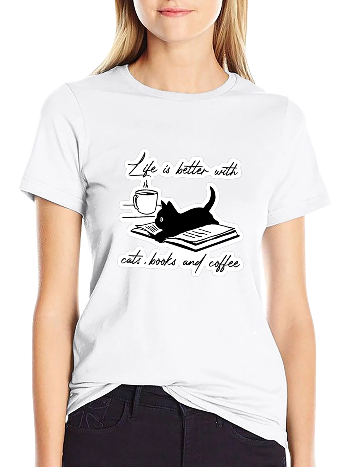Camiseta Negra Gatos Libros y Café