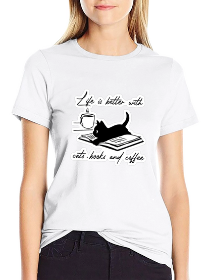 Camiseta Negra Gatos Libros y Café