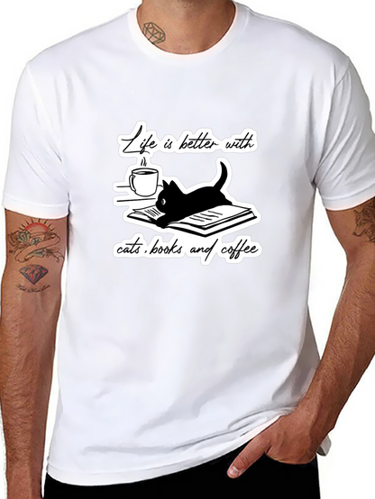 Camiseta Negra Gatos Libros y Café