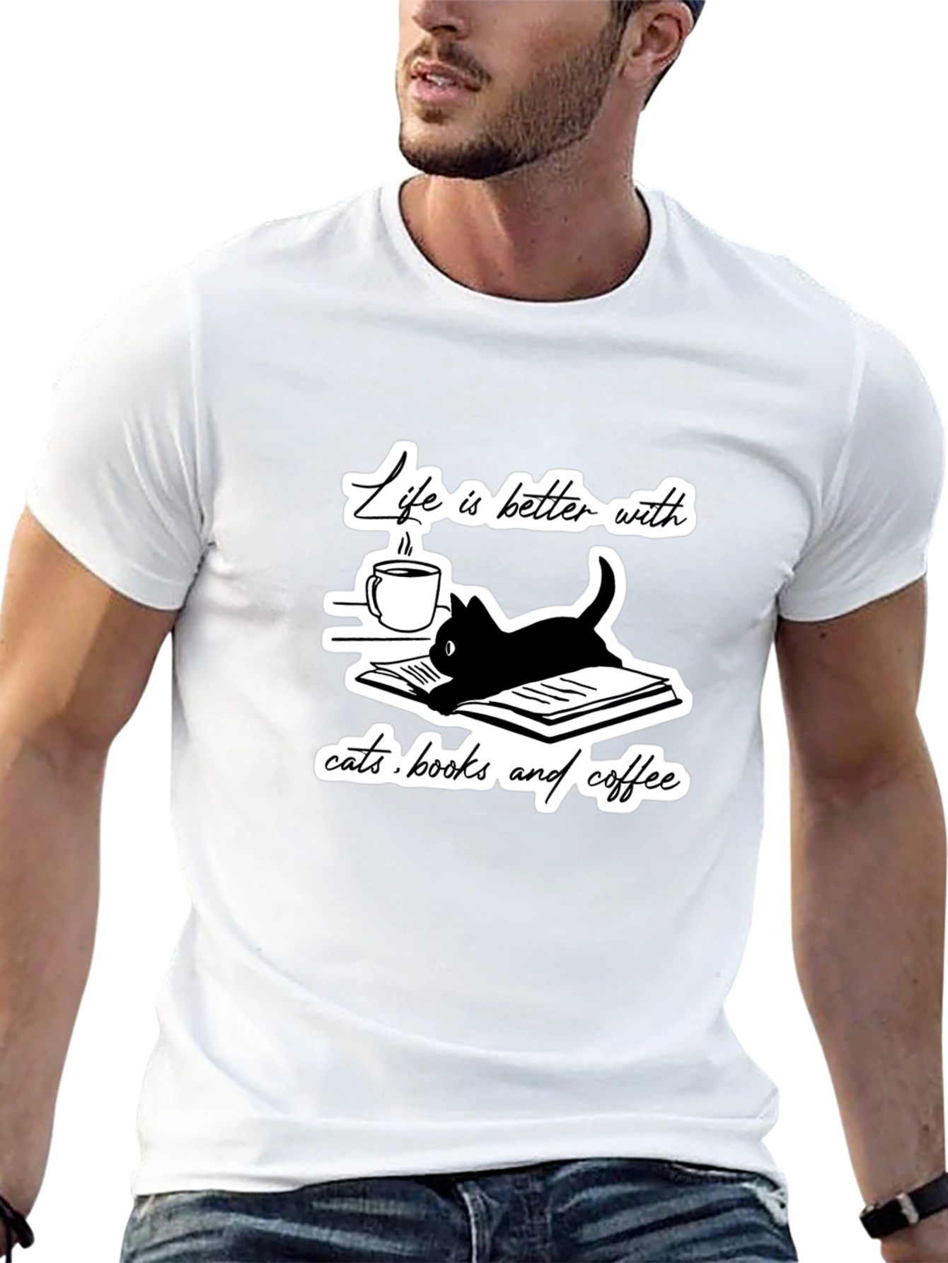 Camiseta Negra Gatos Libros y Café