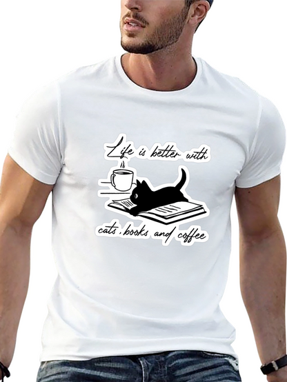 Camiseta Negra Gatos Libros y Café