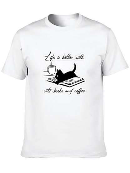 Camiseta Negra Gatos Libros y Café