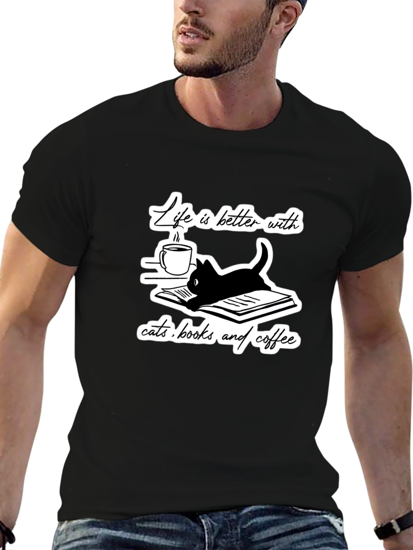 Camiseta Negra Gatos Libros y Café