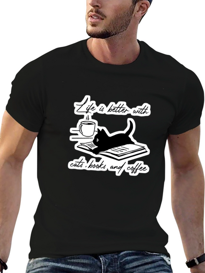 Camiseta Negra Gatos Libros y Café