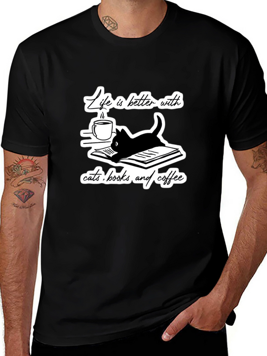 Camiseta Negra Gatos Libros y Café