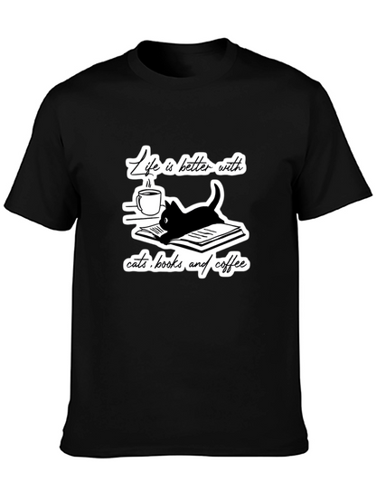 Camiseta Negra Gatos Libros y Café
