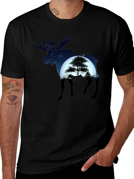 Camiseta Negra con Diseño de Alce y Paisaje Nocturno