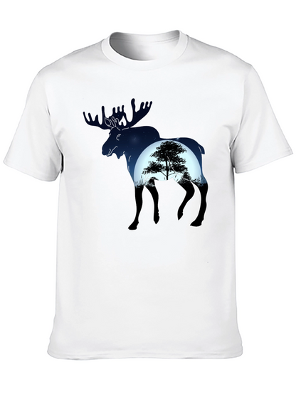 Camiseta Negra con Diseño de Alce y Paisaje Nocturno