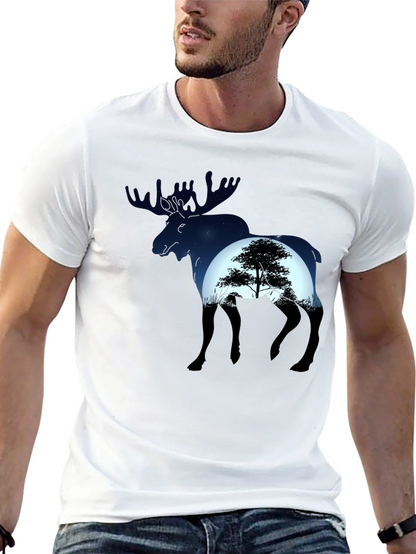 Camiseta Negra con Diseño de Alce y Paisaje Nocturno