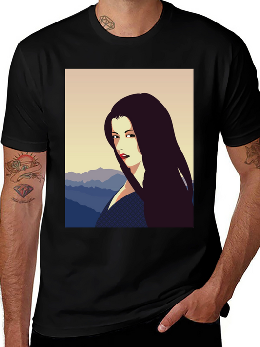 Camiseta Negra con Diseño Artístico de Mujer