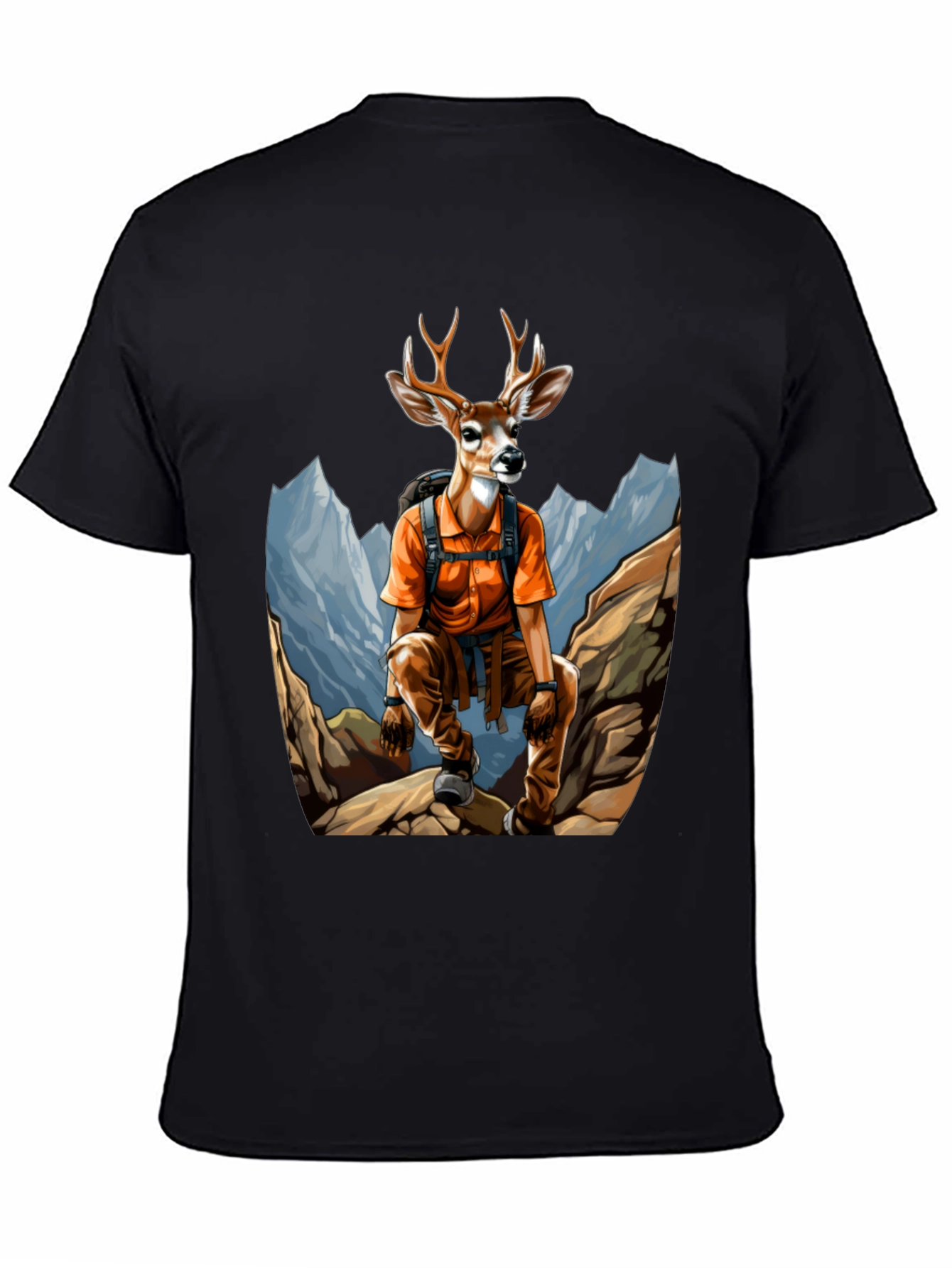 Camiseta Hombre Negra con Diseño de Ciervo Aventurero