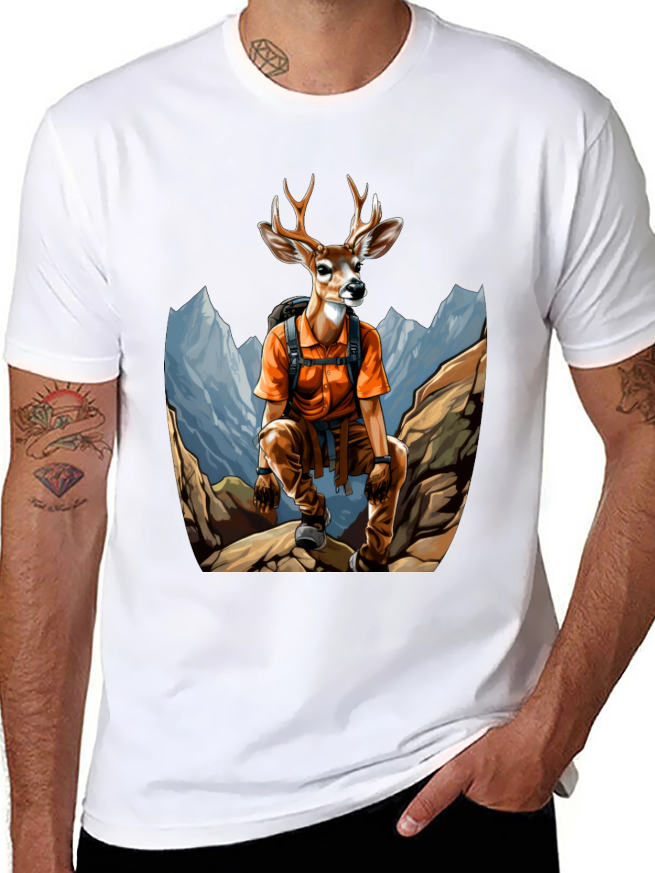Camiseta Hombre Negra con Diseño de Ciervo Aventurero