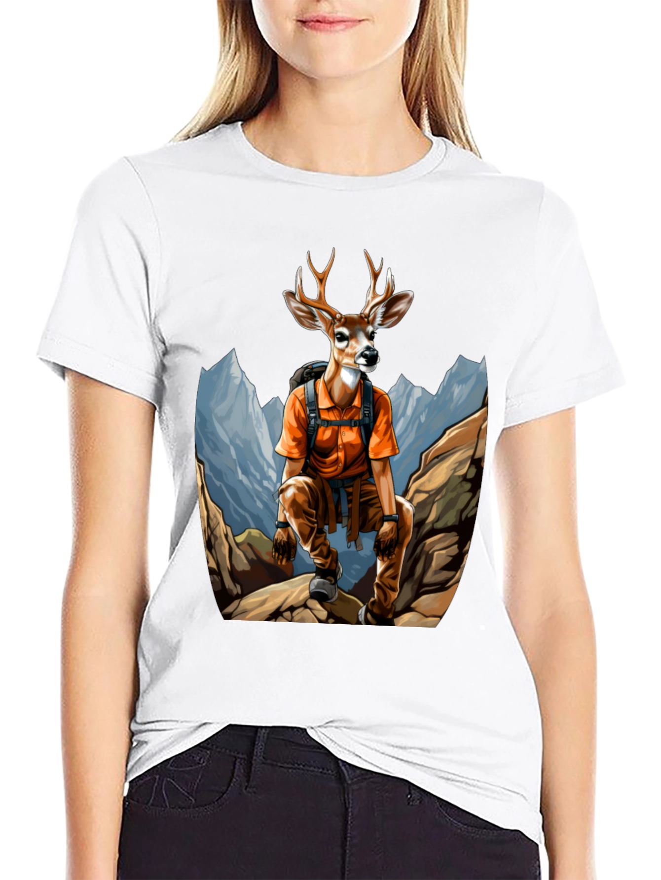 Camiseta Hombre Negra con Diseño de Ciervo Aventurero