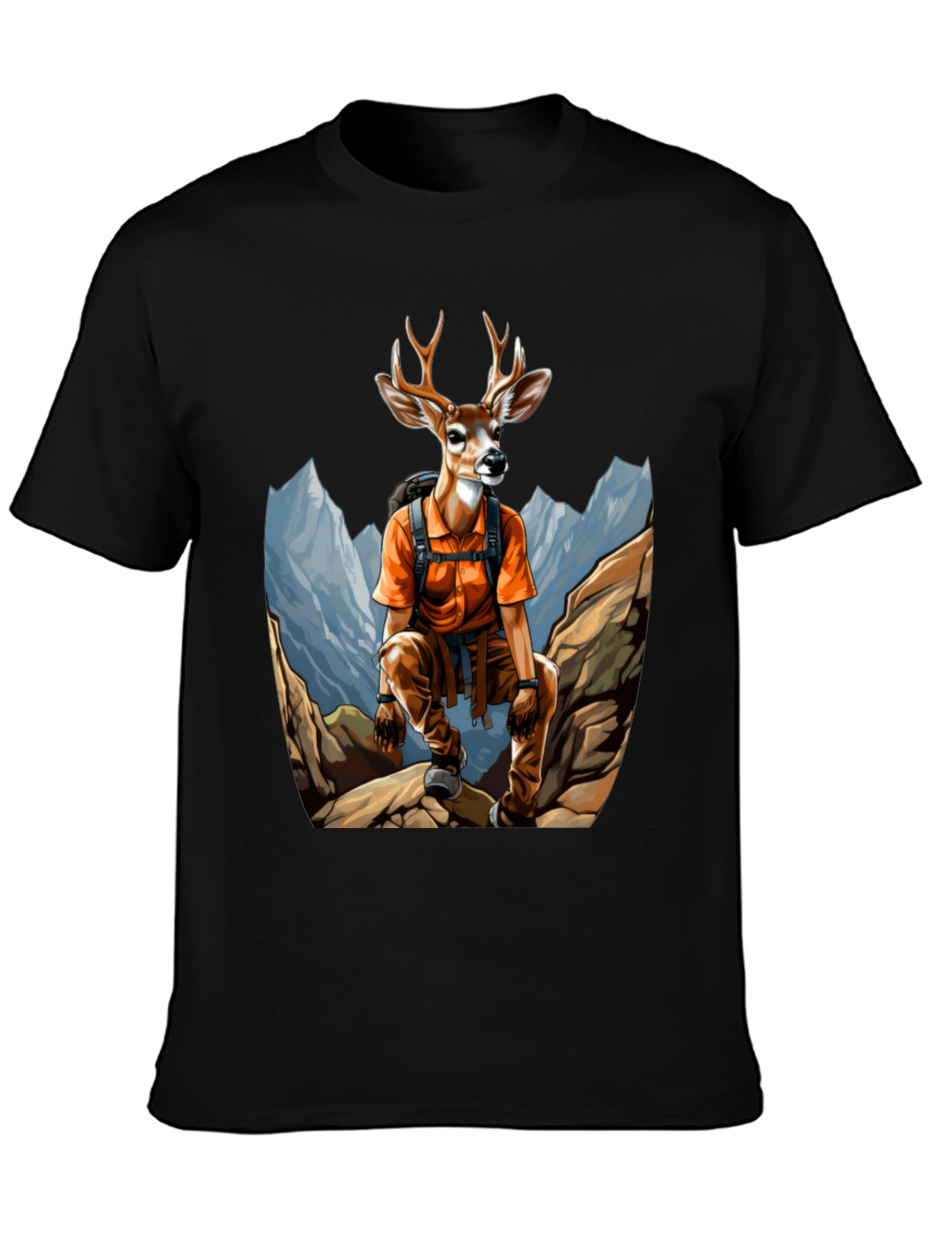 Camiseta Hombre Negra con Diseño de Ciervo Aventurero