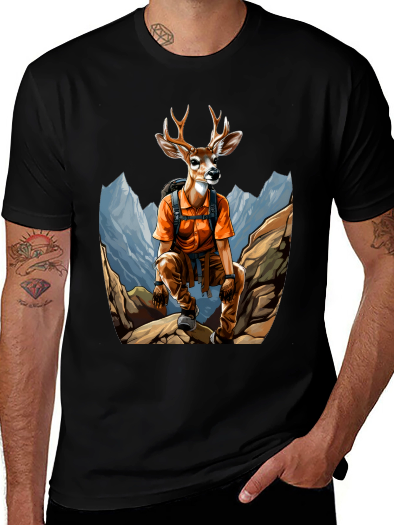 Camiseta Hombre Negra con Diseño de Ciervo Aventurero