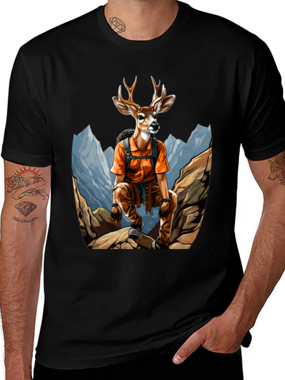 Camiseta Hombre Negra con Diseño de Ciervo Aventurero