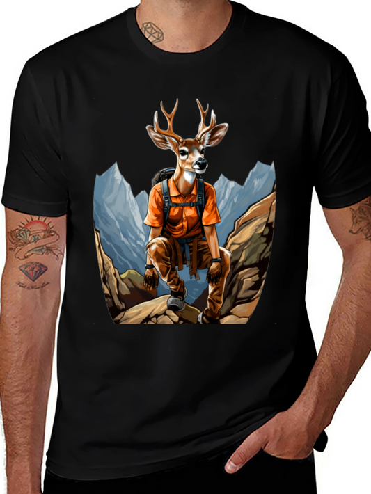Camiseta Hombre Negra con Diseño de Ciervo Aventurero