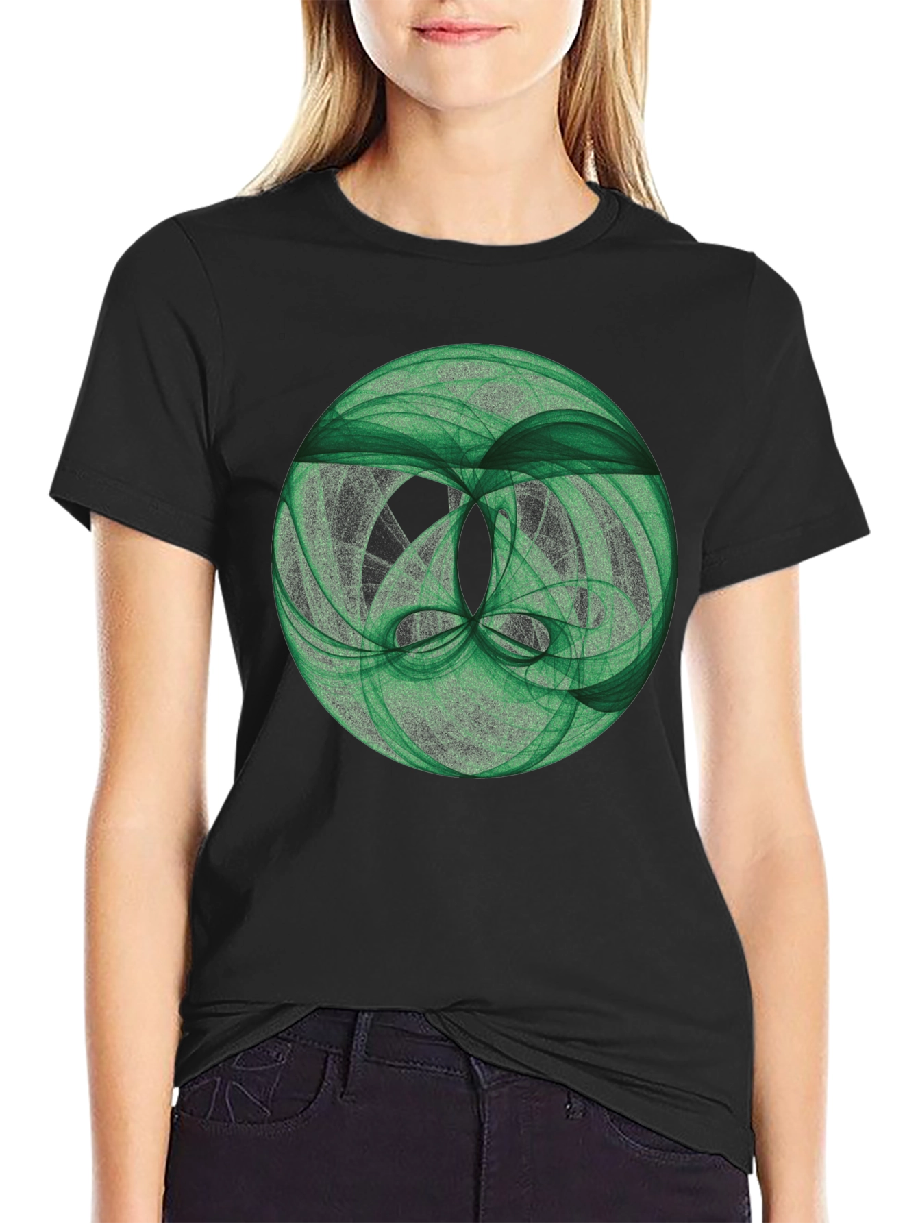 Camiseta Negra con Diseño Abstracto Verde