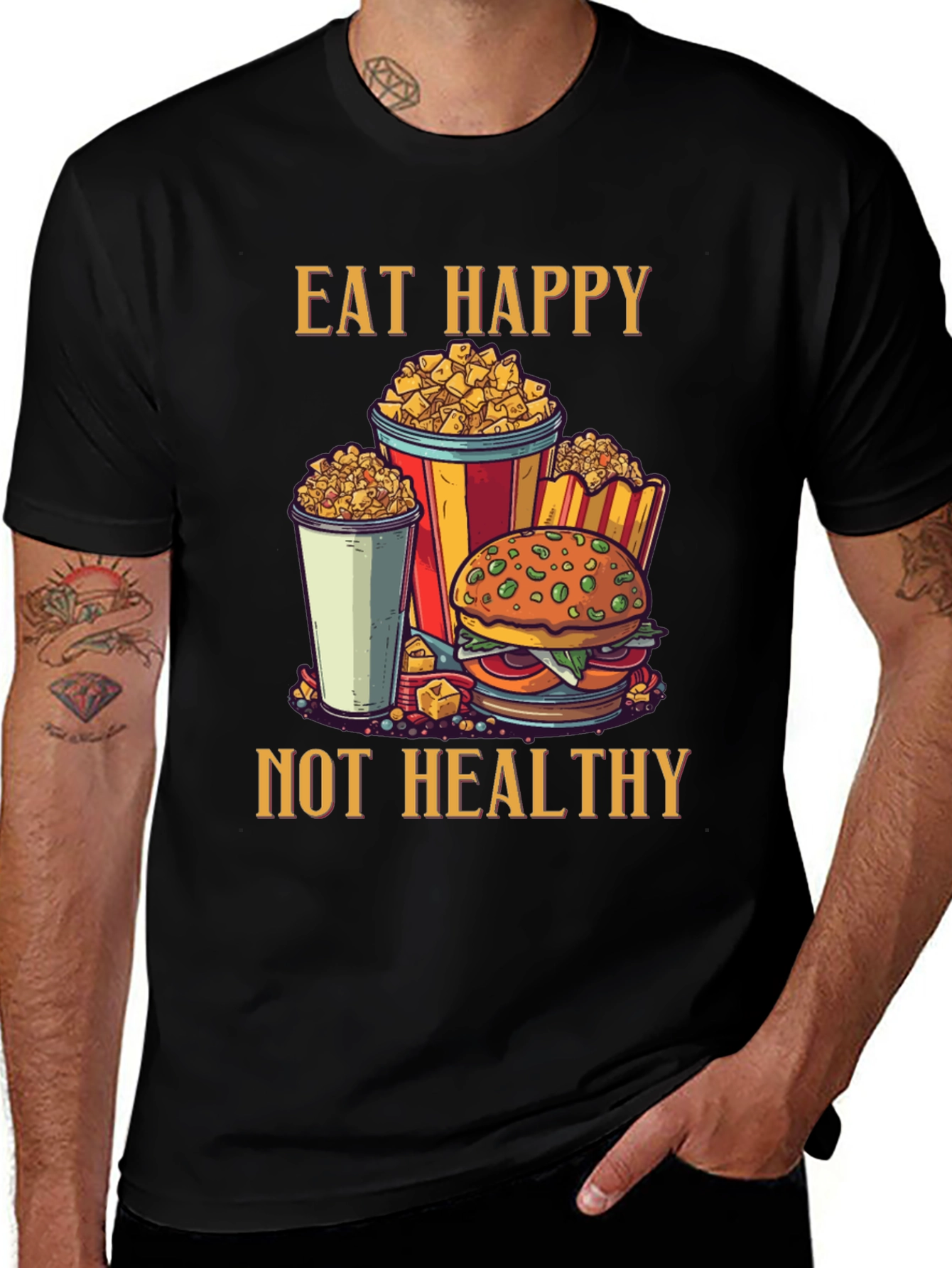 Camiseta Negra: Come Feliz No Saludable - Diseño Divertido