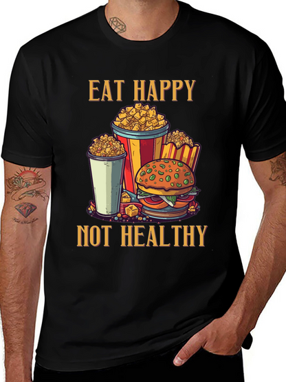 Camiseta Negra: Come Feliz No Saludable - Diseño Divertido