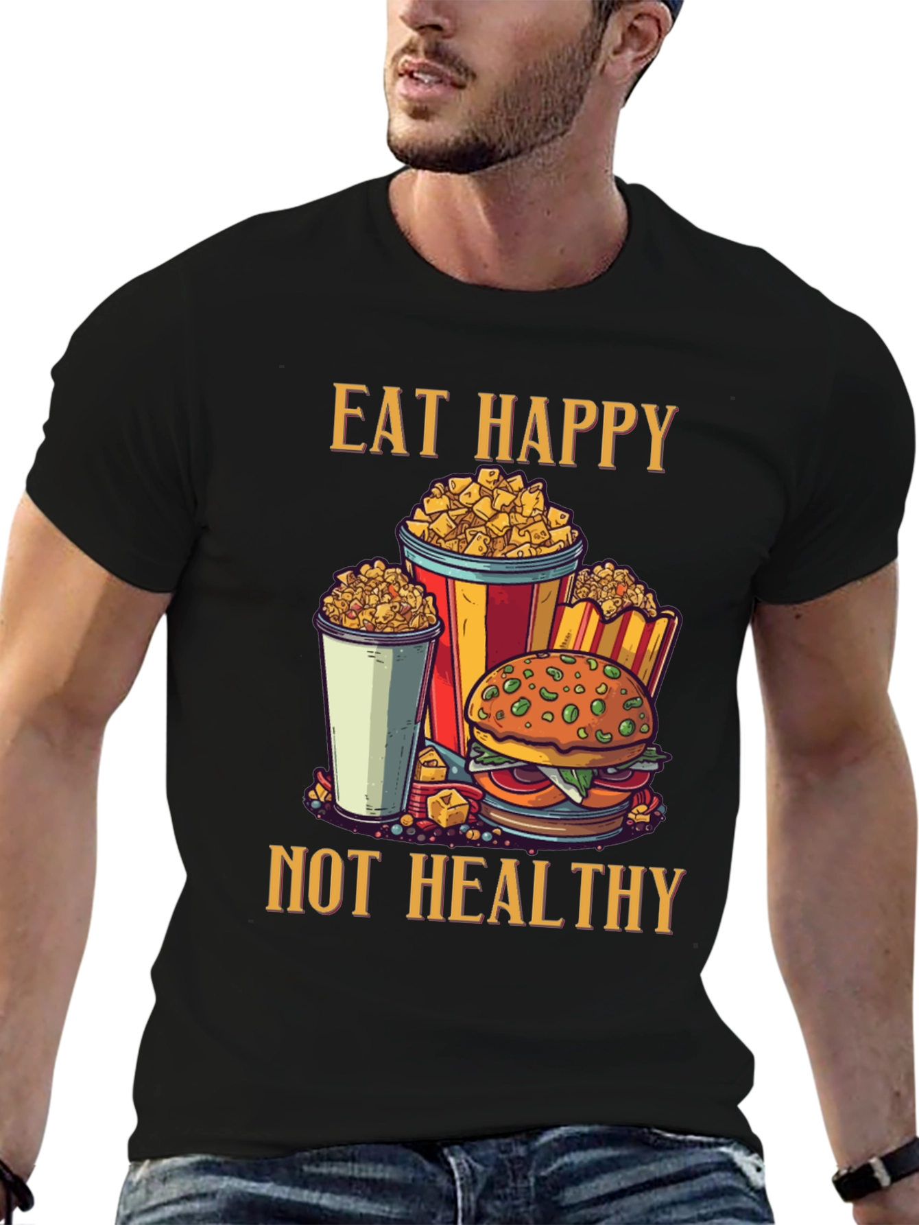 Camiseta Negra: Come Feliz No Saludable - Diseño Divertido