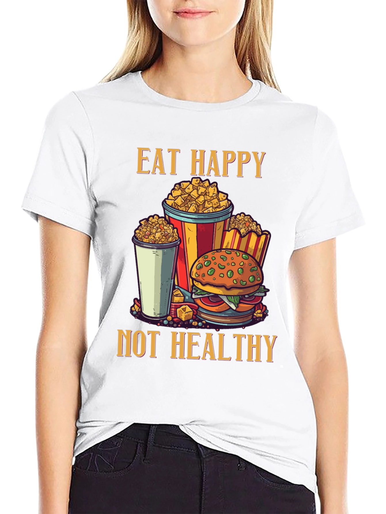 Camiseta Negra: Come Feliz No Saludable - Diseño Divertido