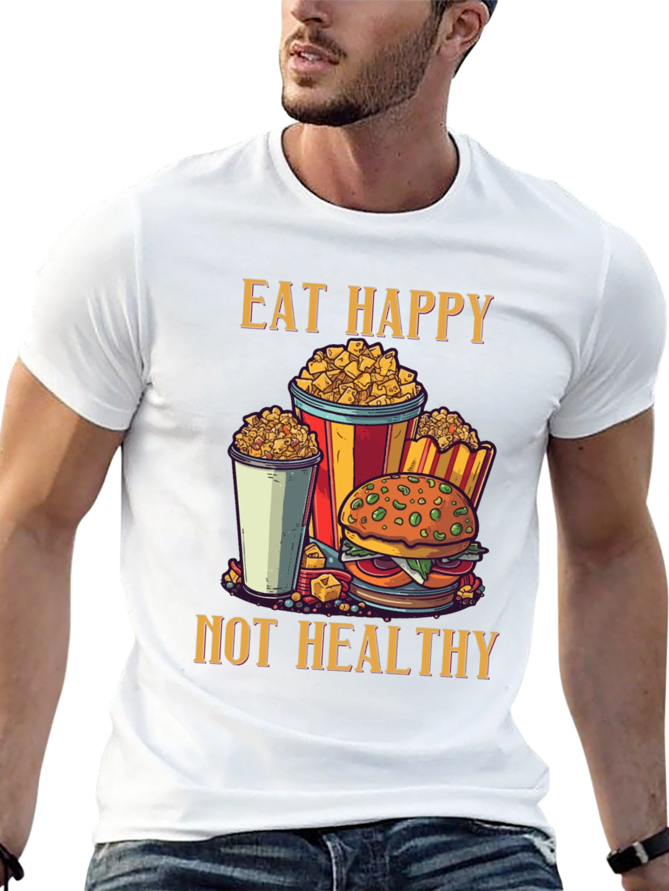 Camiseta Negra: Come Feliz No Saludable - Diseño Divertido