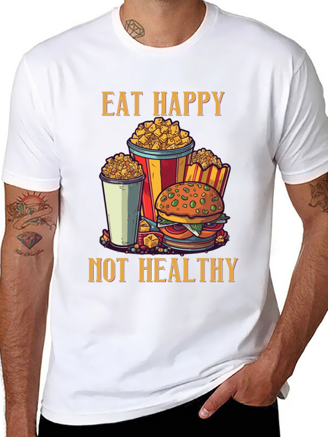 Camiseta Negra: Come Feliz No Saludable - Diseño Divertido