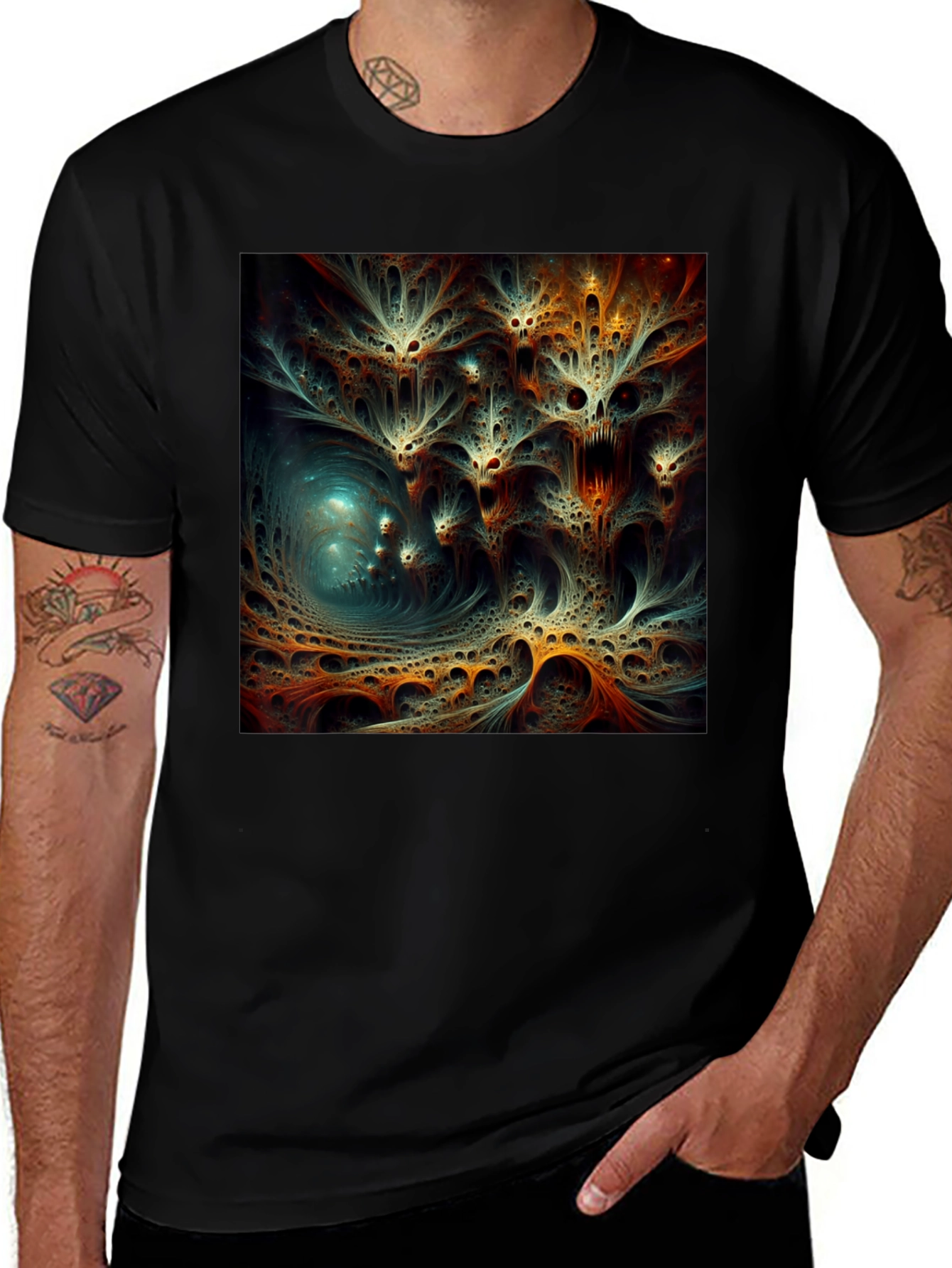 Camiseta Negra con Diseño Abstracto Psicodélico