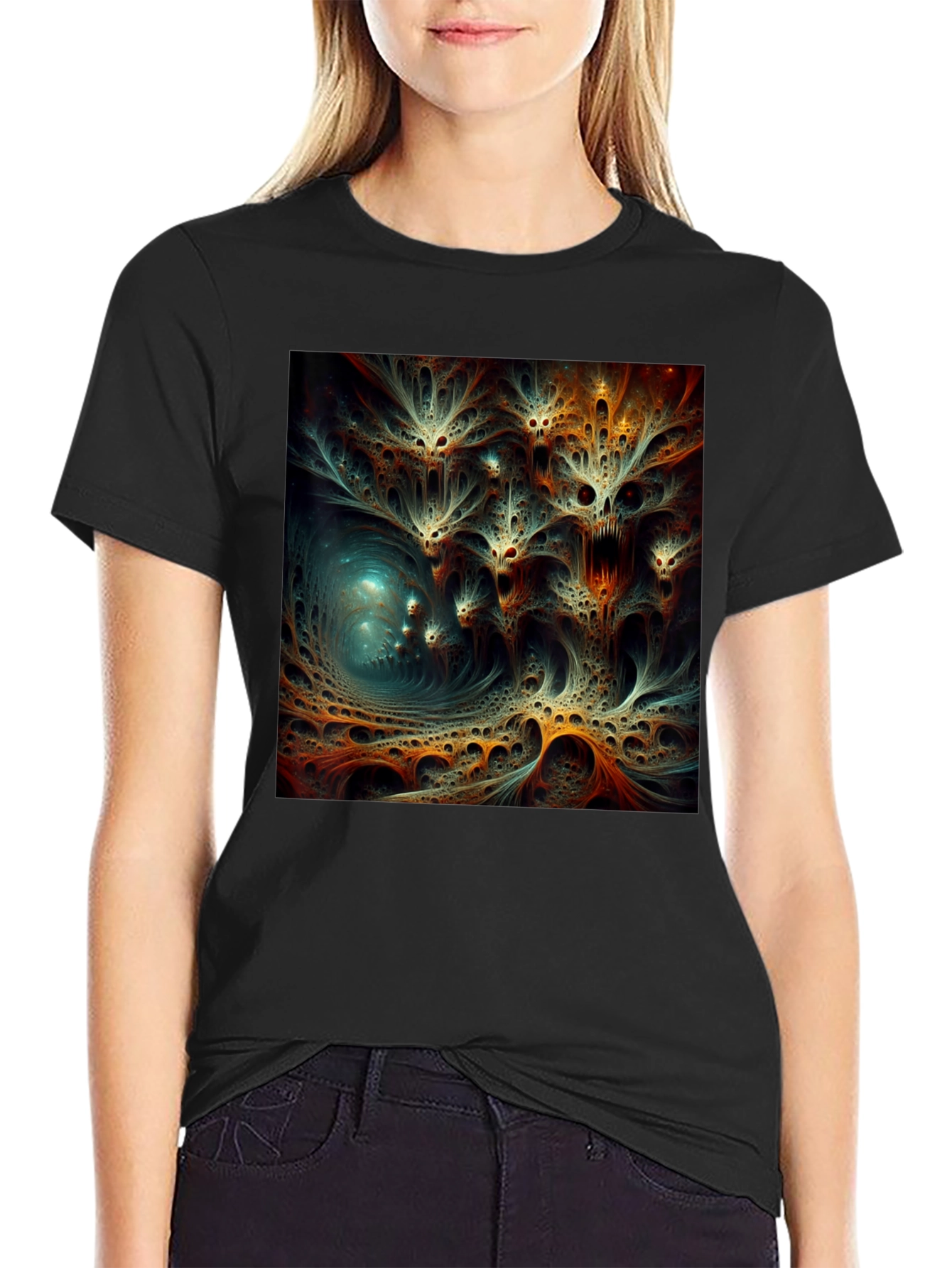 Camiseta Negra con Diseño Abstracto Psicodélico