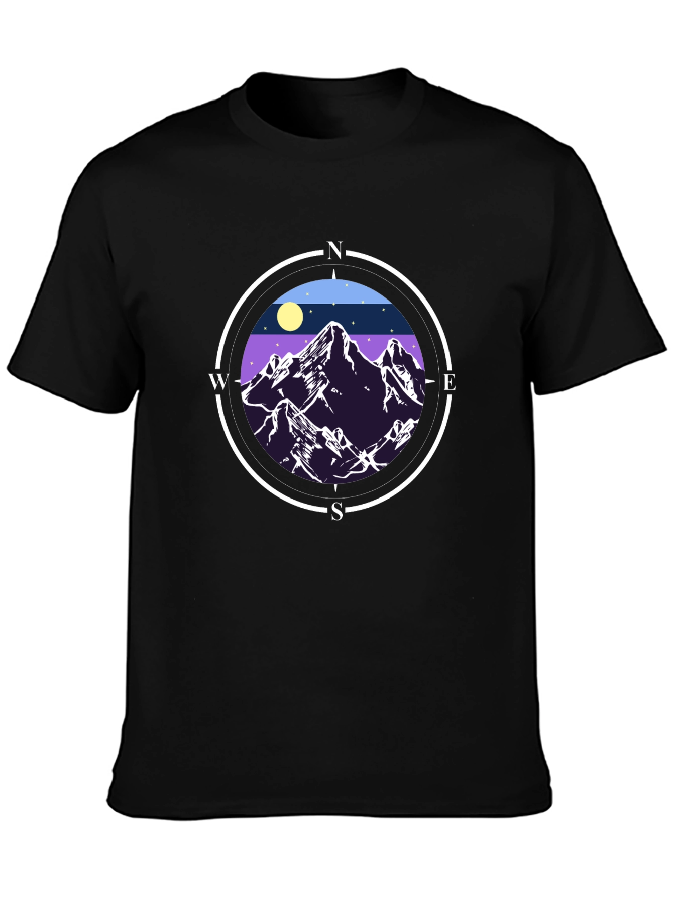 Camiseta Negra con Diseño de Montañas y Brújula