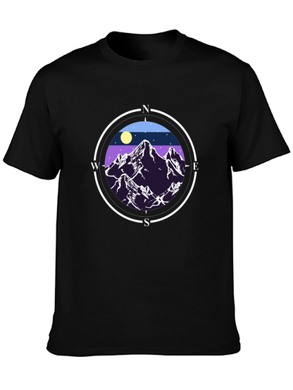 Camiseta Negra con Diseño de Montañas y Brújula