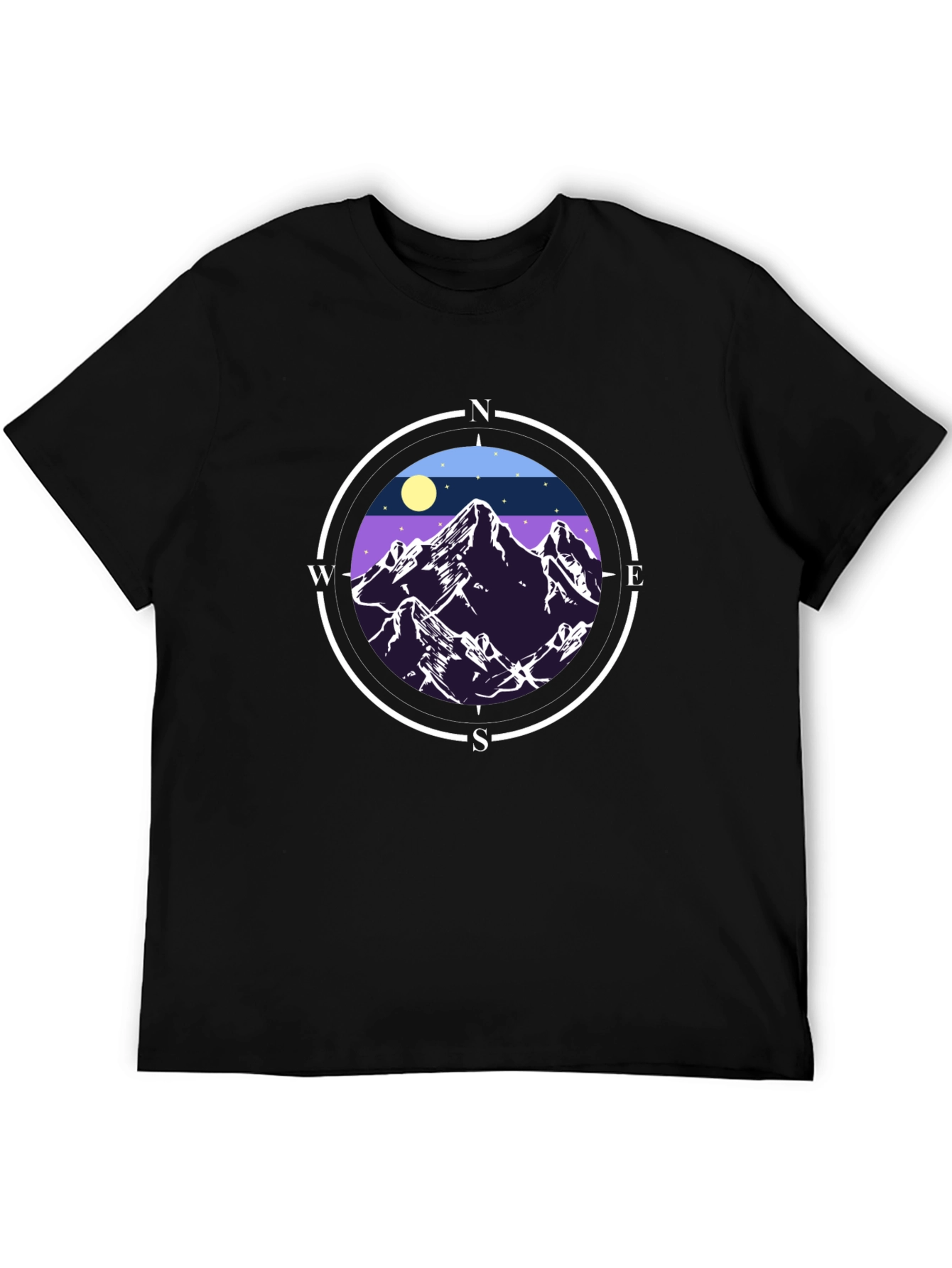 Camiseta Negra con Diseño de Montañas y Brújula