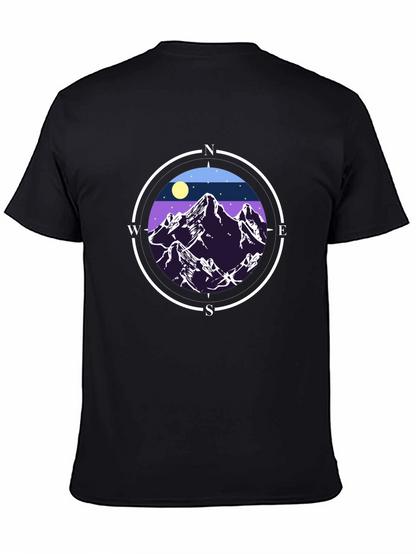 Camiseta Negra con Diseño de Montañas y Brújula