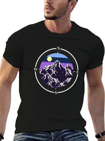 Camiseta Negra con Diseño de Montañas y Brújula