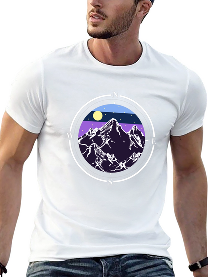 Camiseta Negra con Diseño de Montañas y Brújula