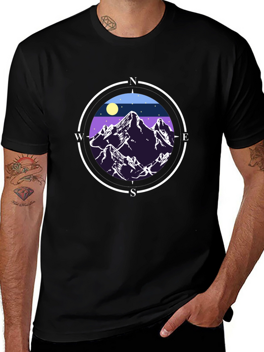 Camiseta Negra con Diseño de Montañas y Brújula