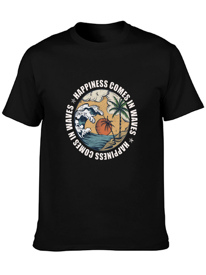 Camiseta Negra con Diseño de Playa y Olas