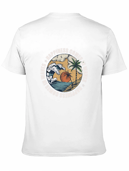 Camiseta Negra con Diseño de Playa y Olas