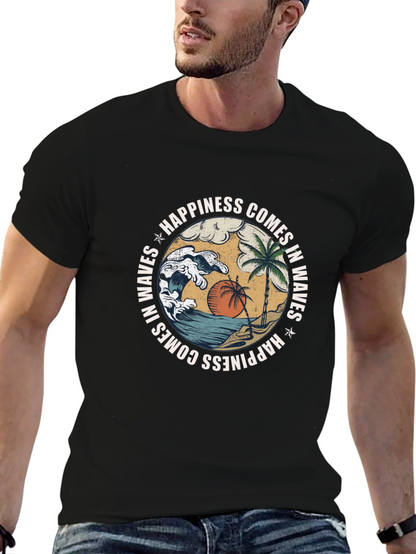 Camiseta Negra con Diseño de Playa y Olas