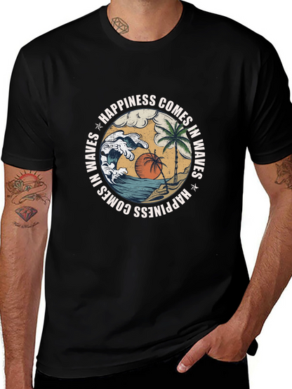 Camiseta Negra con Diseño de Playa y Olas