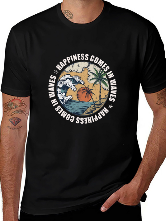 Camiseta Negra con Diseño de Playa y Olas