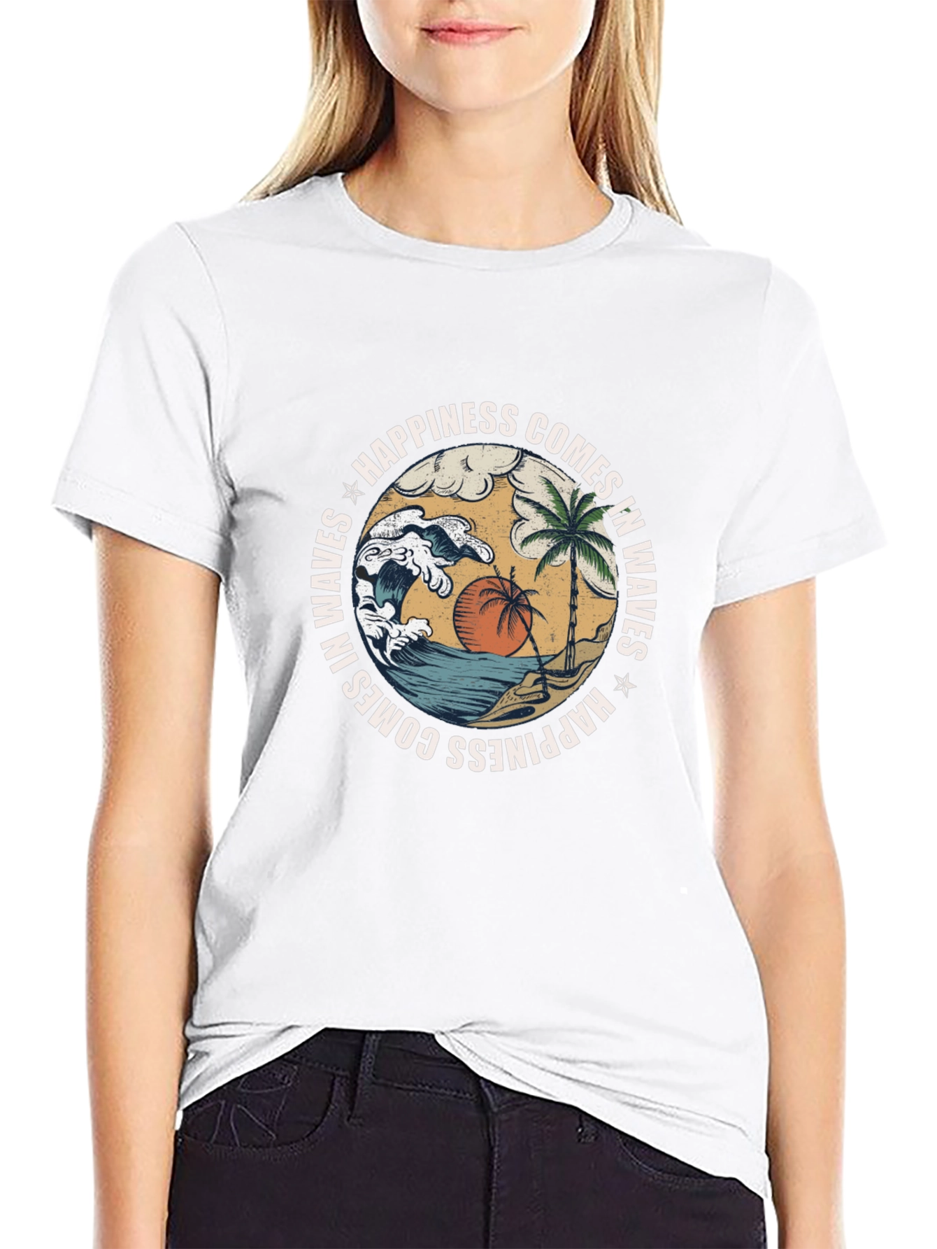 Camiseta Negra con Diseño de Playa y Olas