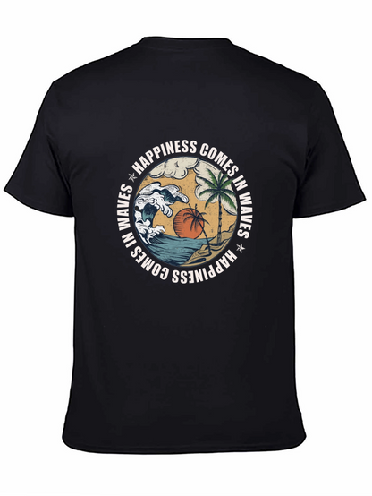 Camiseta Negra con Diseño de Playa y Olas