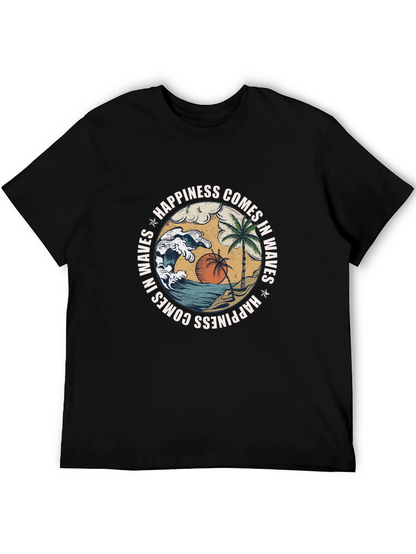 Camiseta Negra con Diseño de Playa y Olas