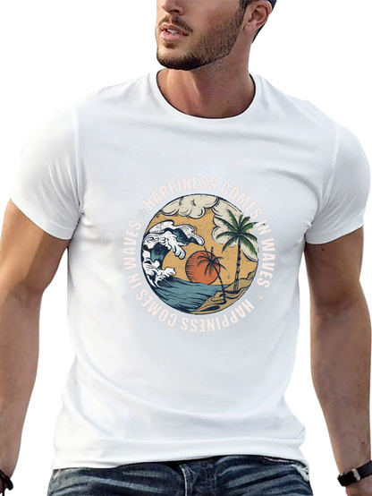 Camiseta Negra con Diseño de Playa y Olas